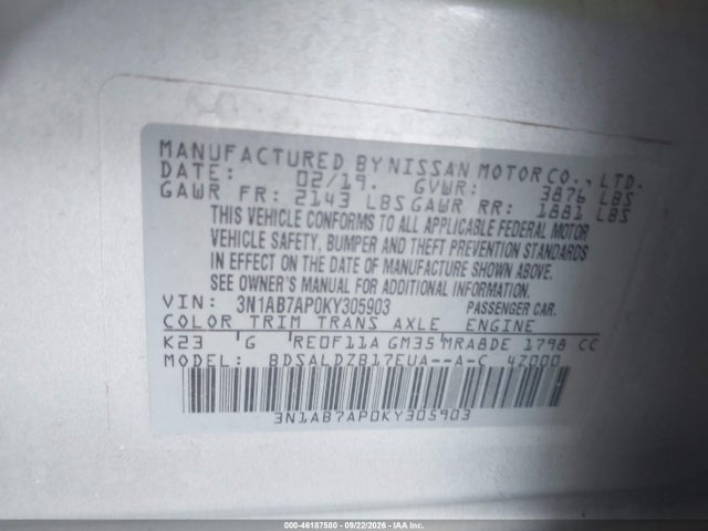 Продаж на аукціоні авто 2019 Nissan Sentra Sv, vin: 3N1AB7AP0KY305903, номер лоту: 46187580