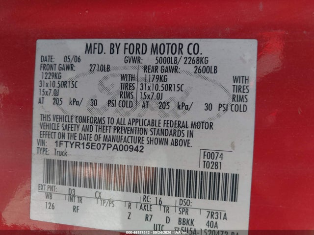 46187582 :رقم المزاد ، 1FTYR15E07PA00942 vin ، 2007 Ford Ranger Fx4 Off-road/sport/xl/xlt مزاد بيع