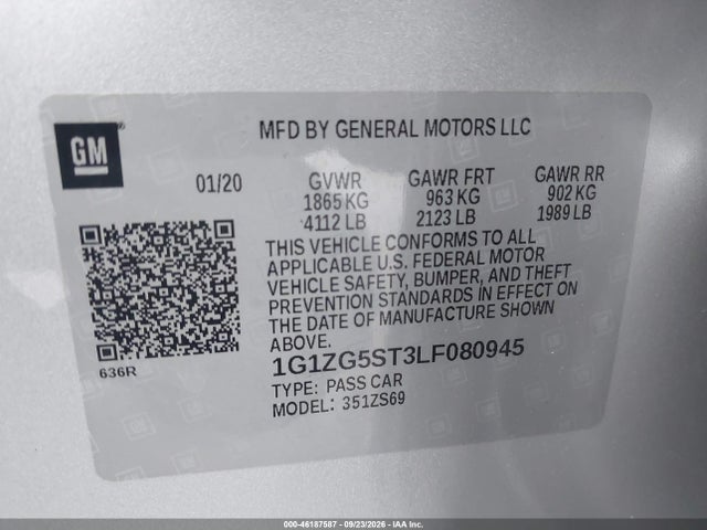 2020 Chevrolet Malibu Fwd Rs მანქანა იყიდება აუქციონზე, vin: 1G1ZG5ST3LF080945, აუქციონის ნომერი: 46187587