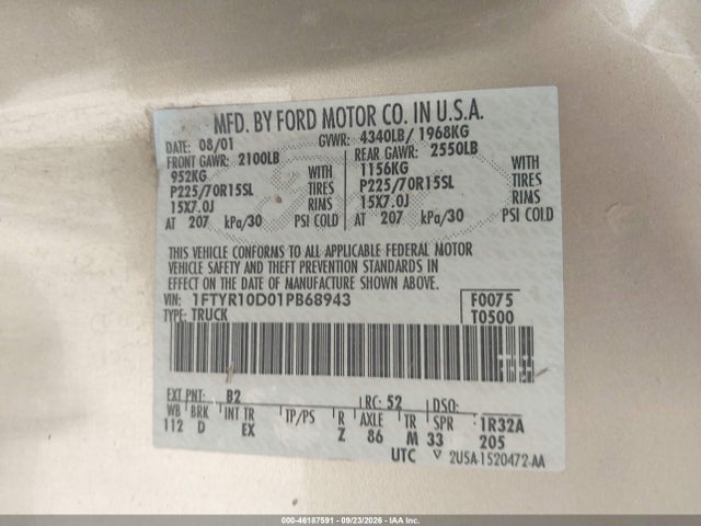 Продажа на аукционе авто 2001 Ford Ranger Xl/xlt/xlt Appearance, vin: 1FTYR10D01PB68943, номер лота: 46187591