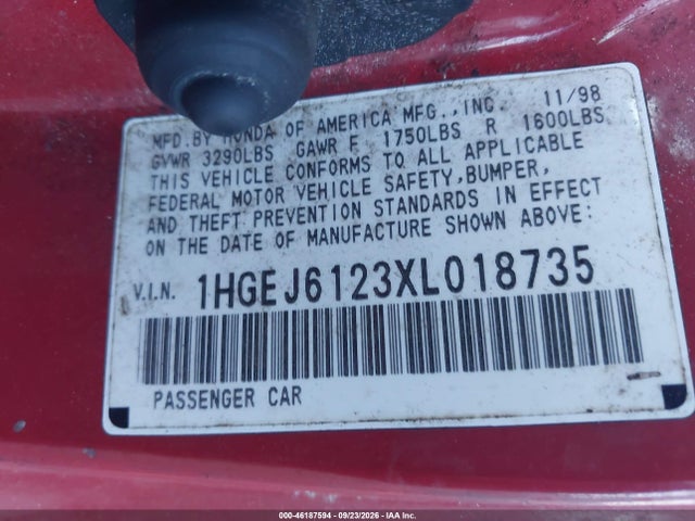 46187594 :رقم المزاد ، 1HGEJ6123XL018735 vin ، 1999 Honda Civic Dx مزاد بيع