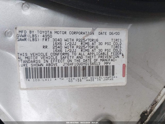 Auction sale of the 2000 Lexus Rx 300, vin: JT6HF10U0Y0154513, lot number: 46187608