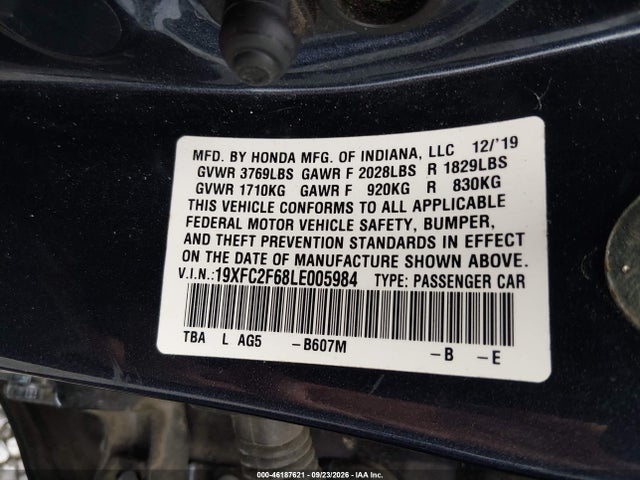 2020 Honda Civic Lx მანქანა იყიდება აუქციონზე, vin: 19XFC2F68LE005984, აუქციონის ნომერი: 46187621