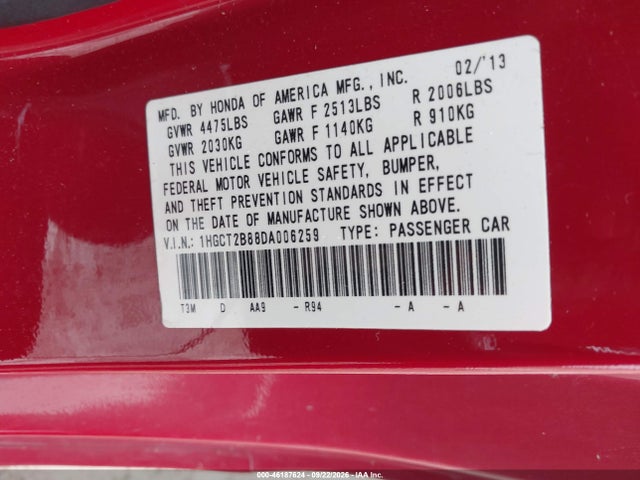 2013 Honda Accord Ex-l V-6 მანქანა იყიდება აუქციონზე, vin: 1HGCT2B88DA006259, აუქციონის ნომერი: 46187624