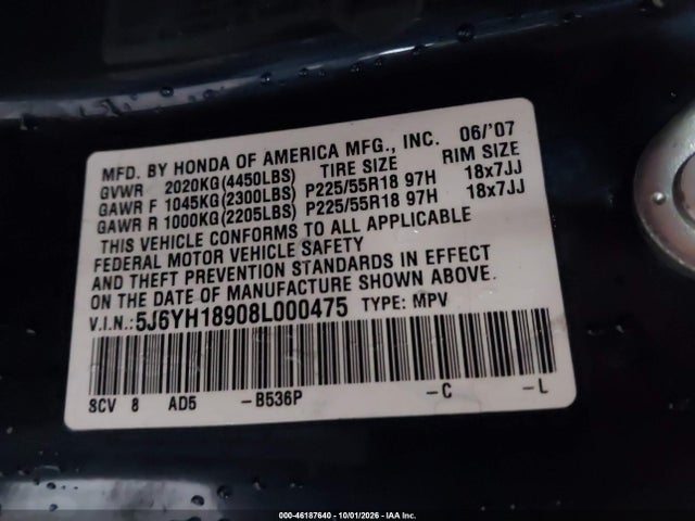 2008 Honda Element Sc მანქანა იყიდება აუქციონზე, vin: 5J6YH18908L000475, აუქციონის ნომერი: 46187640