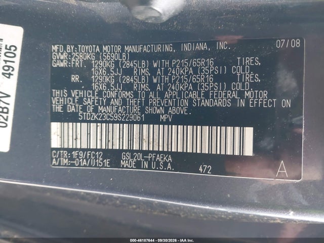 Aukcja sprzedaży 2009 Toyota Sienna Le, vin: 5TDZK23C59S229061, numer aukcji: 46187644