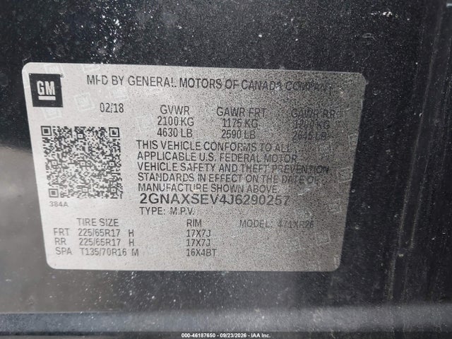 Продаж на аукціоні авто 2018 Chevrolet Equinox Lt, vin: 2GNAXSEV4J6290257, номер лоту: 46187650
