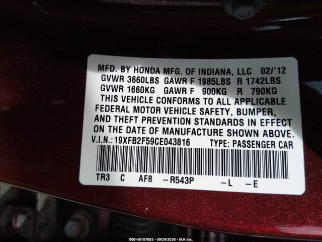 Aukcja sprzedaży 2012 Honda Civic Sdn Lx, vin: 19XFB2F59CE043816, numer aukcji: 46187653