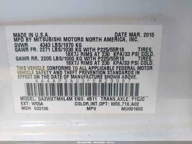 Aukcja sprzedaży 2015 Mitsubishi Outlander Sport Es, vin: 4A4AP3AU9FE029987, numer aukcji: 46187663