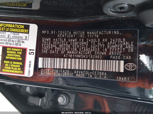 Aukcja sprzedaży 2019 Toyota Camry Le, vin: 4T1B11HK5KU192962, numer aukcji: 46187679