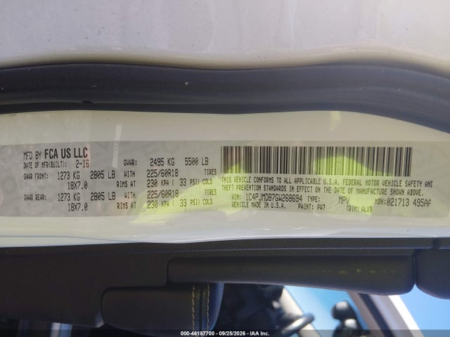 Aukcja sprzedaży 2016 Jeep Cherokee Limited, vin: 1C4PJMDB7GW268694, numer aukcji: 46187700