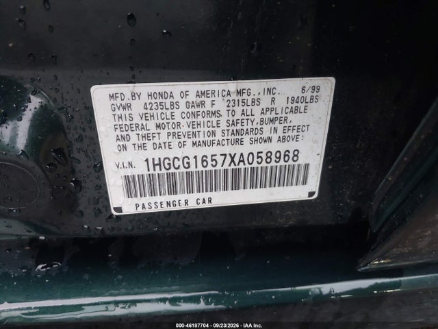 46187704 :رقم المزاد ، 1HGCG1657XA058968 vin ، 1999 Honda Accord Ex V6 مزاد بيع