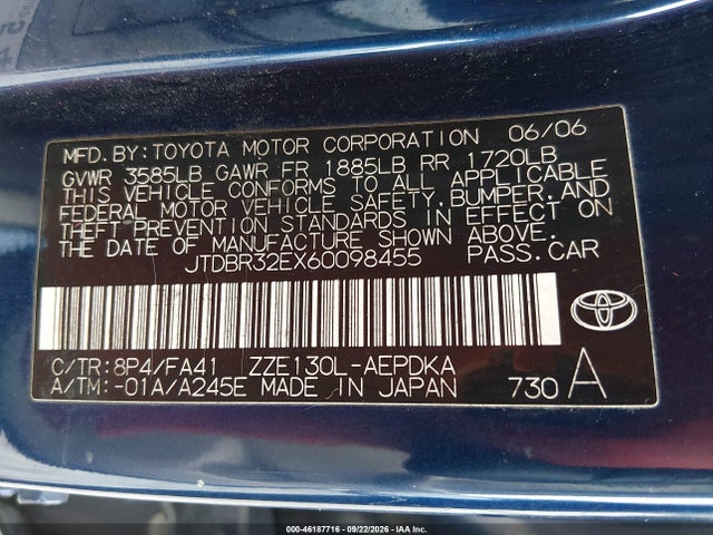 Aukcja sprzedaży 2006 Toyota Corolla Ce, vin: JTDBR32EX60098455, numer aukcji: 46187716