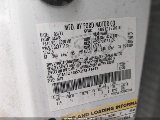 Продаж на аукціоні авто 2011 Ford Expedition Xl, vin: 1FMJU1G5XBEF31417, номер лоту: 46187730