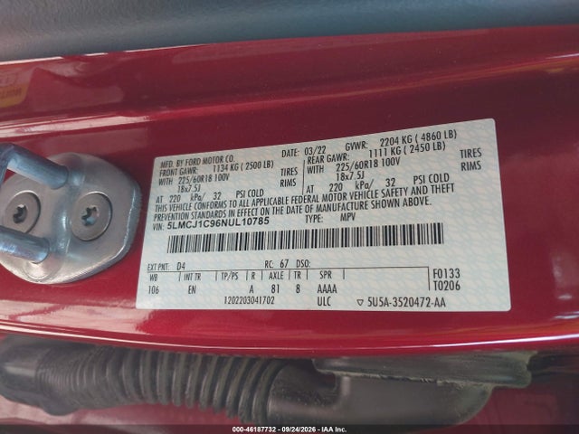 Продаж на аукціоні авто 2022 Lincoln Corsario Standard, vin: 5LMCJ1C96NUL10785, номер лоту: 46187732