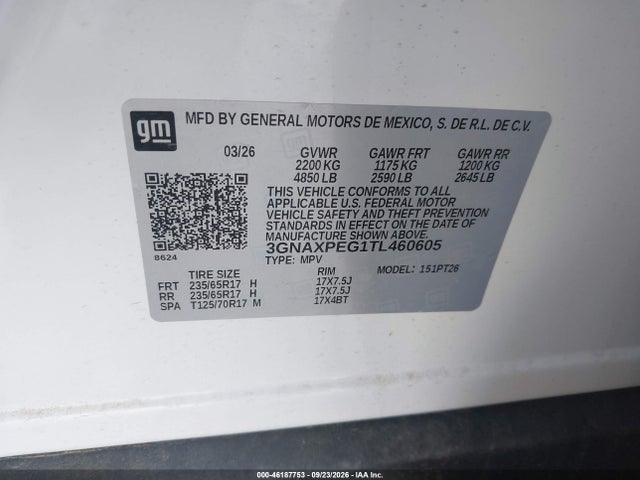 46187753 :رقم المزاد ، 3GNAXPEG1TL460605 vin ، 2026 Chevrolet Equinox Awd Lt مزاد بيع