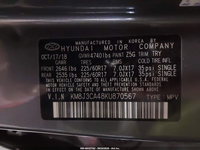 46187762 :رقم المزاد ، KM8J3CA48KU870567 vin ، 2019 Hyundai Tucson Value مزاد بيع