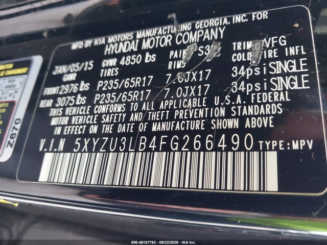 46187763 :رقم المزاد ، 5XYZU3LB4FG266490 vin ، 2015 Hyundai Santa Fe Sport 2.4l (a6) مزاد بيع