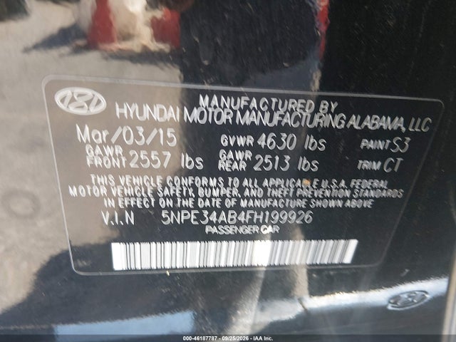 46187787 :رقم المزاد ، 5NPE34AB4FH199926 vin ، 2015 Hyundai Sonata Limited 2.0t مزاد بيع