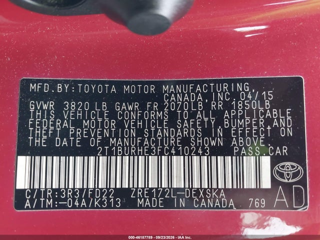 Продаж на аукціоні авто 2015 Toyota Corolla S Plus, vin: 2T1BURHE3FC410243, номер лоту: 46187789