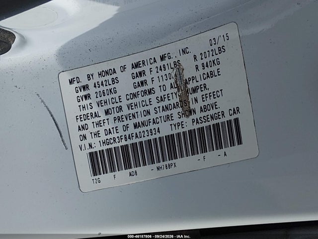 46187806 :رقم المزاد ، 1HGCR3F84FA023934 vin ، 2015 Honda Accord Ex-l/ex-l V-6 مزاد بيع