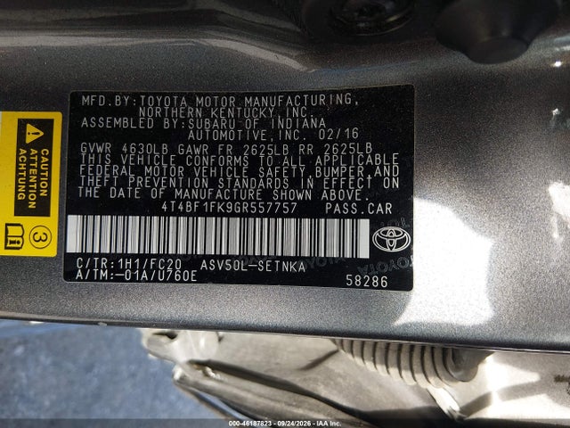 46187823 :رقم المزاد ، 4T4BF1FK9GR557757 vin ، 2016 Toyota Camry Le مزاد بيع