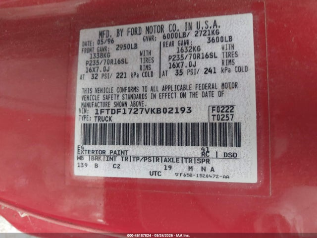 Продаж на аукціоні авто 1997 Ford F-150 Standard/xl/xlt, vin: 1FTDF1727VKB02193, номер лоту: 46187824