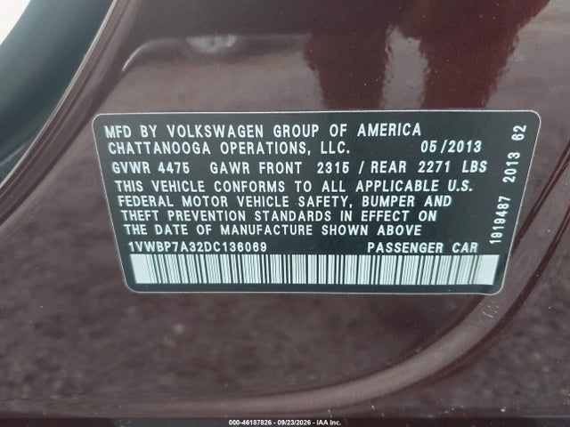 2013 Volkswagen Passat 2.5l Se მანქანა იყიდება აუქციონზე, vin: 1VWBP7A32DC136069, აუქციონის ნომერი: 46187826