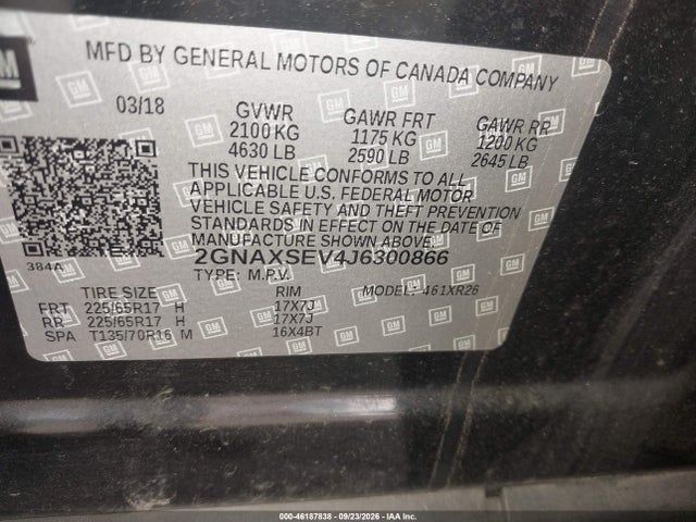 Aukcja sprzedaży 2018 Chevrolet Equinox Lt, vin: 2GNAXSEV4J6300866, numer aukcji: 46187838