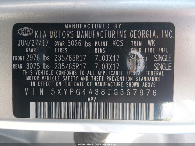 Aukcja sprzedaży 2018 Kia Sorento 2.4l Lx, vin: 5XYPG4A38JG367976, numer aukcji: 46187846