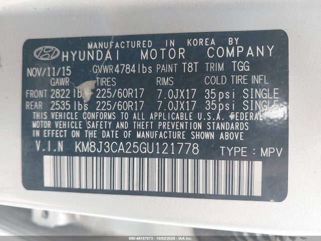 2016 Hyundai Tucson Eco მანქანა იყიდება აუქციონზე, vin: KM8J3CA25GU121778, აუქციონის ნომერი: 46187873