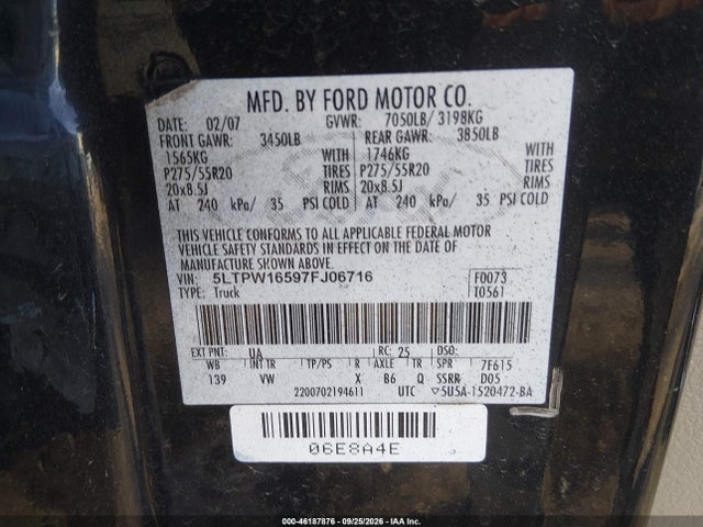 Продажа на аукционе авто 2007 Lincoln Mark Lt, vin: 5LTPW16597FJ06716, номер лота: 46187876