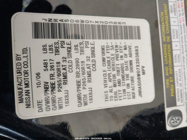 Продажа на аукционе авто 2007 Infiniti Fx35, vin: JNRAS08W07X203883, номер лота: 46187878