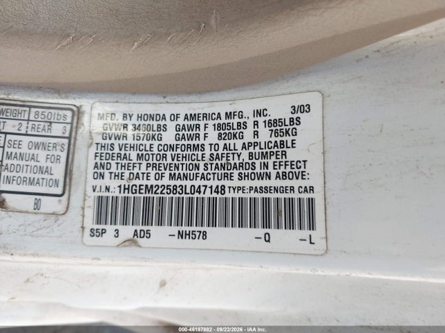 46187882 :رقم المزاد ، 1HGEM22583L047148 vin ، 2003 Honda Civic Lx مزاد بيع