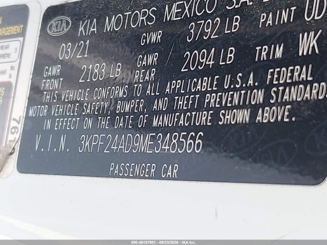Aukcja sprzedaży 2021 Kia Fuerte Lxs, vin: 3KPF24AD9ME348566, numer aukcji: 46187901