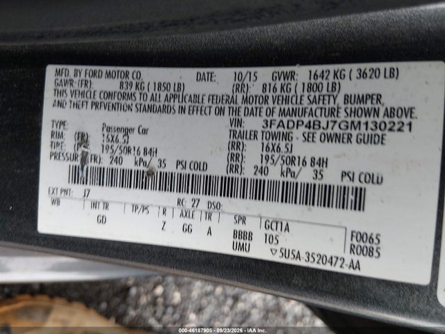 46187905 :رقم المزاد ، 3FADP4BJ7GM130221 vin ، 2016 Ford Fiesta Se مزاد بيع