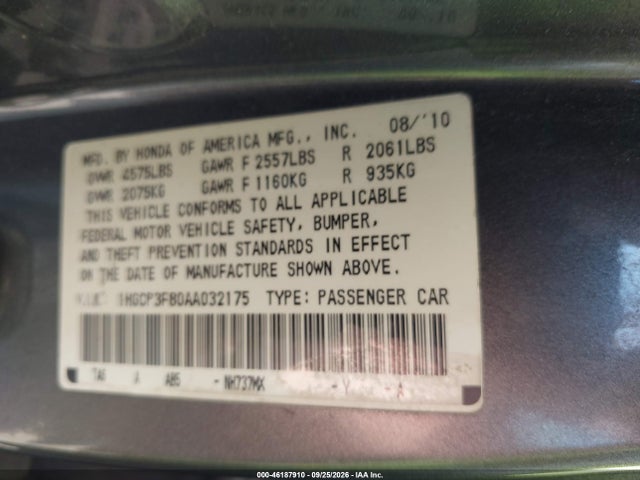46187910 :رقم المزاد ، 1HGCP3F80AA032175 vin ، 2010 Honda Accord 3.5 Ex-l مزاد بيع