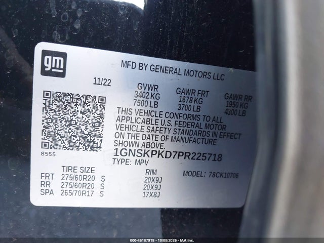 46187918 :رقم المزاد ، 1GNSKPKD7PR225718 vin ، 2023 Chevrolet Tahoe 4wd Z71 مزاد بيع