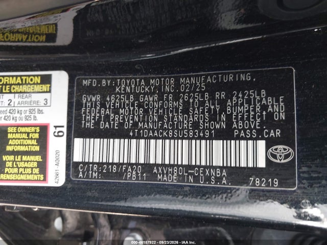 Aukcja sprzedaży 2025 Toyota Camry Le, vin: 4T1DAACK8SU583491, numer aukcji: 46187922