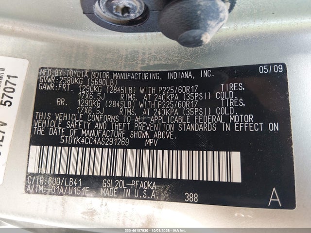 Aukcja sprzedaży 2010 Toyota Sienna Xle, vin: 5TDYK4CC4AS291269, numer aukcji: 46187930