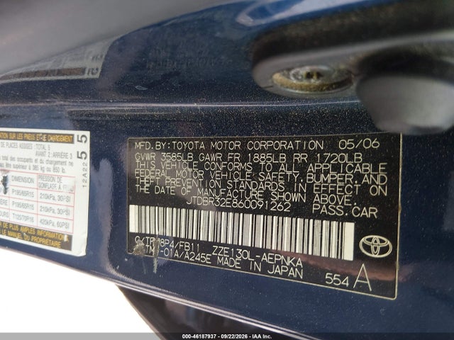 46187937 :رقم المزاد ، JTDBR32E860091262 vin ، 2006 Toyota Corolla Le مزاد بيع