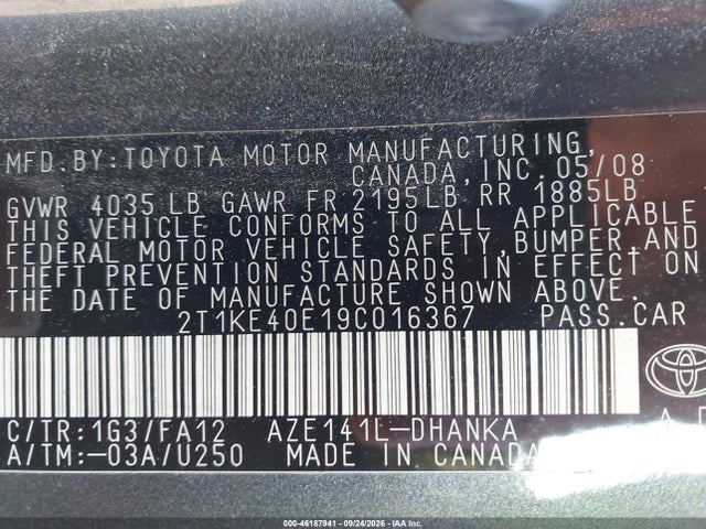 Aukcja sprzedaży 2009 Toyota Matrix S, vin: 2T1KE40E19C016367, numer aukcji: 46187941