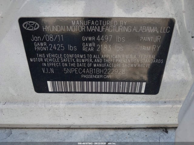 Aukcja sprzedaży 2011 Hyundai Sonata Se 2.0t, vin: 5NPEC4AB1BH222928, numer aukcji: 46187943