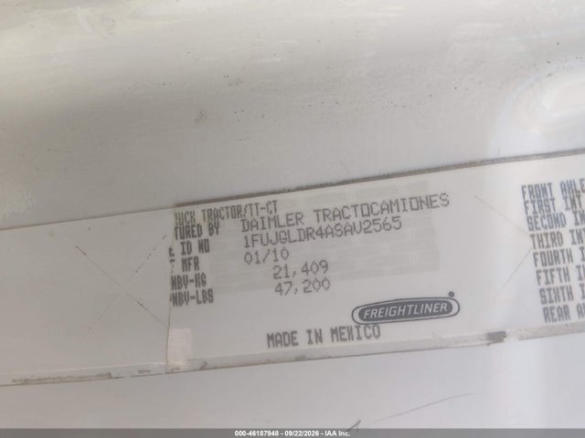 46187948 :رقم المزاد ، 1FUJGLDR4ASAV2565 vin ، 2010 Freightliner Cascadia 125 مزاد بيع
