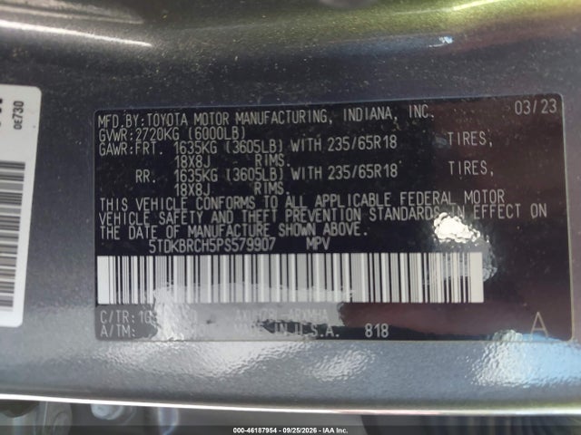 46187954 :رقم المزاد ، 5TDKBRCH5PS579907 vin ، 2023 Toyota Highlander Hybrid Xle مزاد بيع