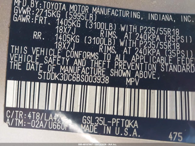 46187957 :رقم المزاد ، 5TDDK3DC6BS003938 vin ، 2011 Toyota Sienna Limited مزاد بيع