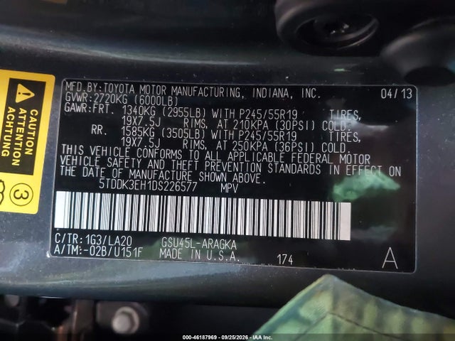 46187969 :رقم المزاد ، 5TDDK3EH1DS226577 vin ، 2013 Toyota Highlander Limited مزاد بيع