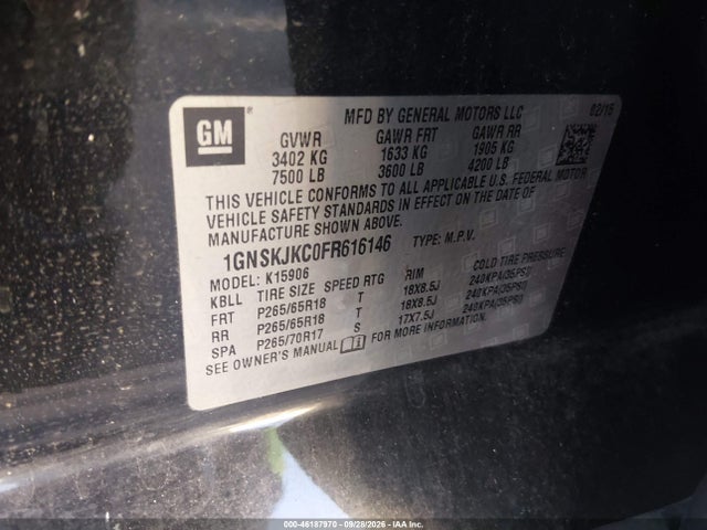 46187970 :رقم المزاد ، 1GNSKJKC0FR616146 vin ، 2015 Chevrolet Suburban 1500 Lt مزاد بيع