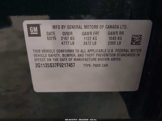 46187974 :رقم المزاد ، 2G1125S37F9217457 vin ، 2015 Chevrolet Impala Lt مزاد بيع