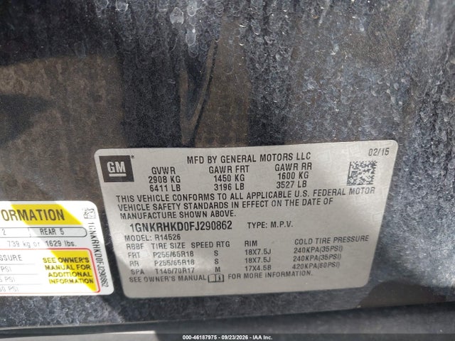 46187975 :رقم المزاد ، 1GNKRHKD0FJ290862 vin ، 2015 Chevrolet Traverse 2lt مزاد بيع